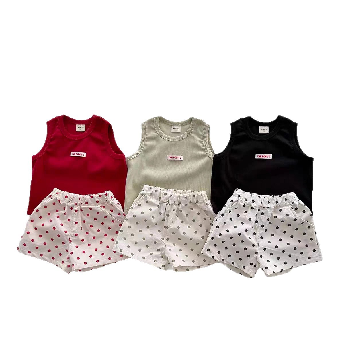 Conjunto de chaleco fresco de algodón unisex para bebé TZ2864 y pantalones cortos con lunares, ropa suave y ligera para niños pequeños y niñas