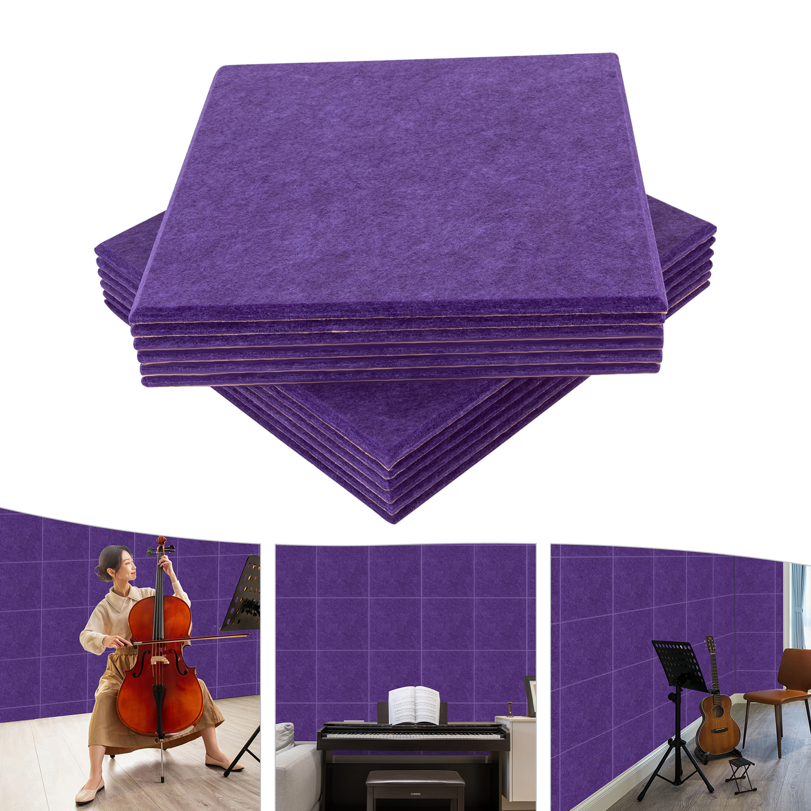 Painéis acústicos quadrados roxo parede de isolamento acústico de alta densidade 12 peças de espuma acústica para decoração de parede e tratamento acústico