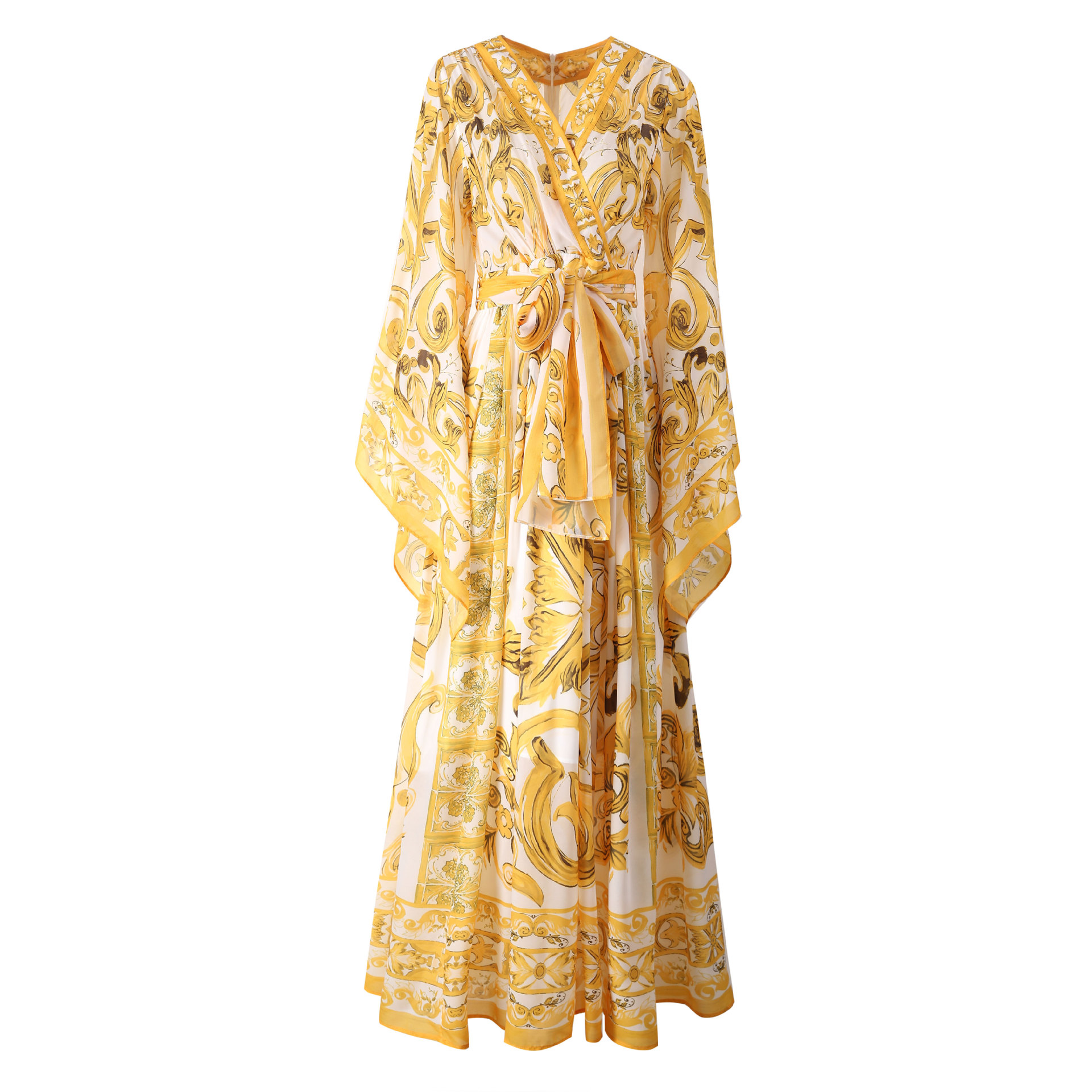 Wein Lady Damen-Kleid aus Chiffon, Seide, bedruckt, große Schaukel, V-Ausschnitt, fliegende Ärmel, gelbes Porzellan, grenzüberschreitender langer Rock für Damen