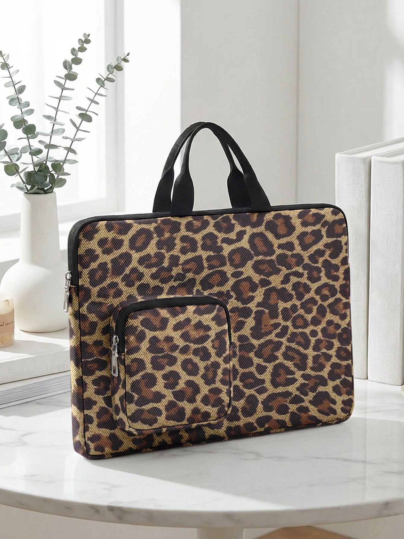 Trendy Leopard Print Laptop Handbag With Extra Pocket Shockproof Notebook Case For 13-15.6 Inch Laptops