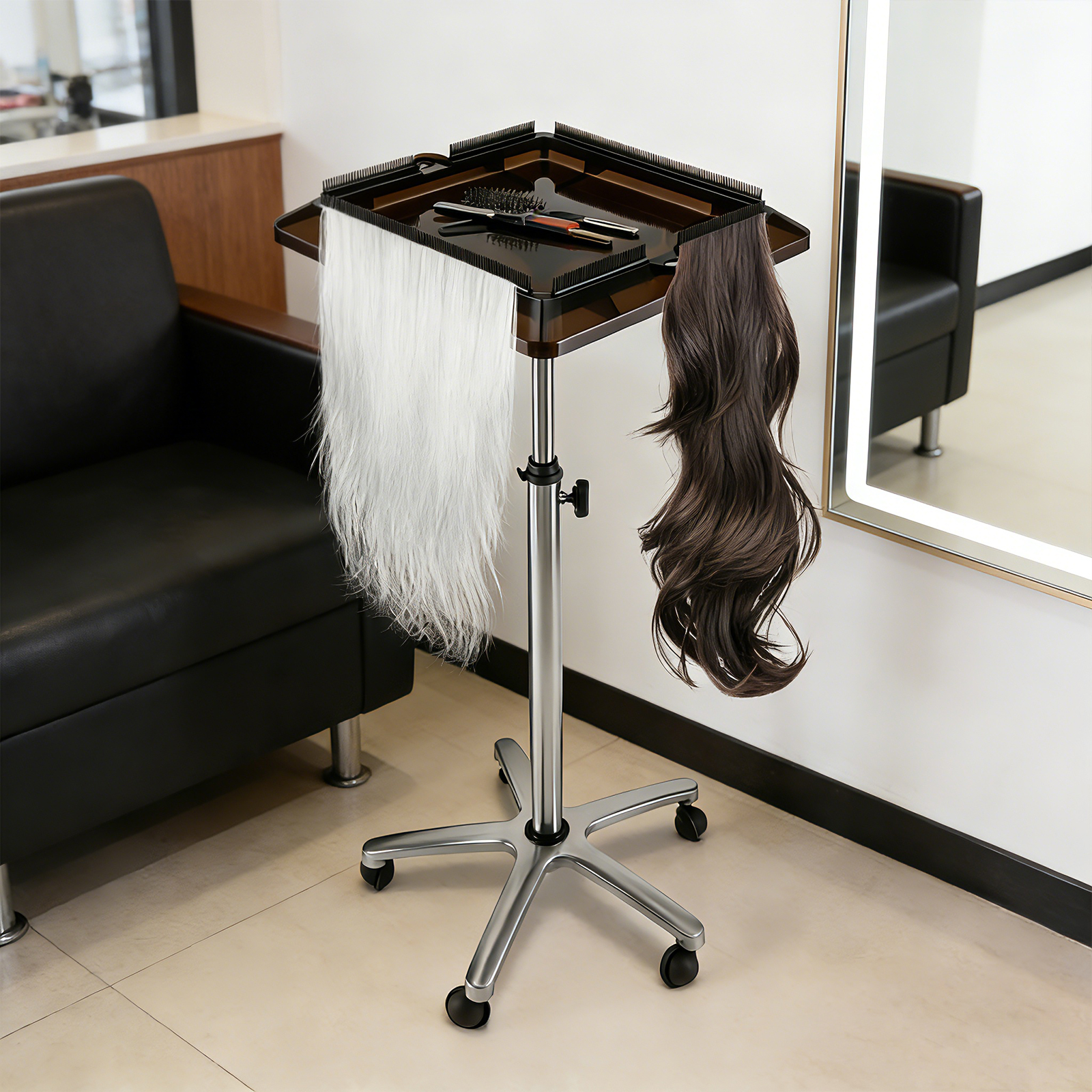 Carrinho Ajustável para Ferramentas de Extensão de Cabelo, Suporte para Perucas de Salão, Suporte de Perucas com Rodas, Carrinho de Ferramentas de Estilização para Salões de Beleza