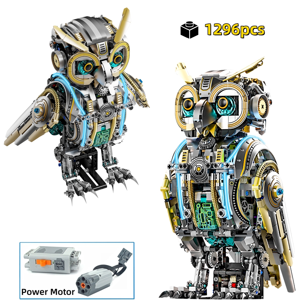 FUNXINEE 1296Pcs Motorized Owl Bricks Advanced Building Challenge Mata Bercahaya Gerakan Kinetik MOC Display Koleksi Hadiah