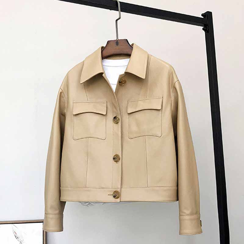 Chaquetas cortas de cuero auténtico para mujer, chaquetas informales de piel de oveja con bolsillos de un solo pecho y manga larga, otoño 2024