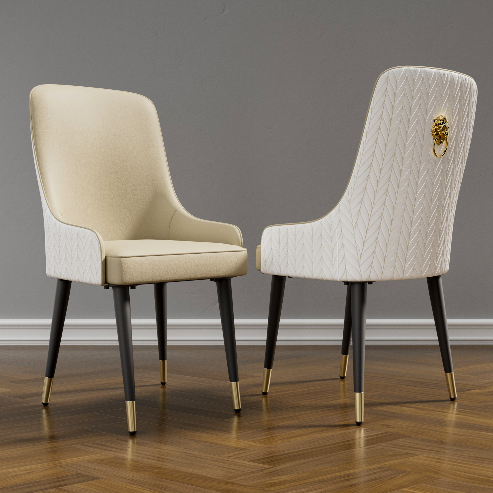 Chaises de salle à manger modernes en cuir PU avec pieds en métal, dossier capitonné haut, anneau de nervure de tête de discussion, ensemble de 2