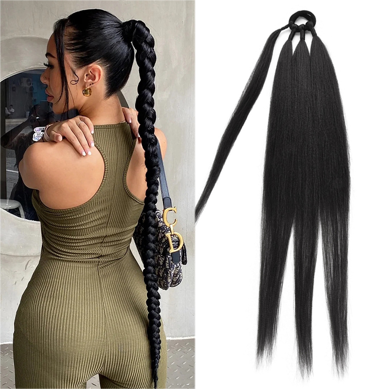 Extensões de rabo de cavalo sintético boxe tranças envoltório em torno de chignon cauda com faixa de borracha anel de cabelo 26 Polegada marrom ombre trança diy