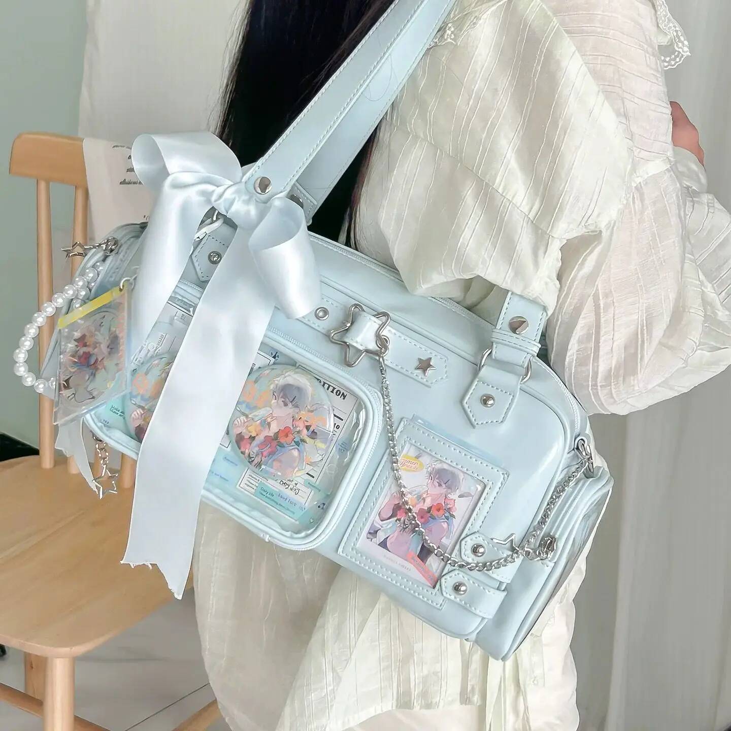 Nuova borsa Ita con catena a stella Y2k Ragazza carina Mostra di fumetti Borsa a tracolla trasparente Borsa a tracolla di grande capacità Borse con display fai-da-te