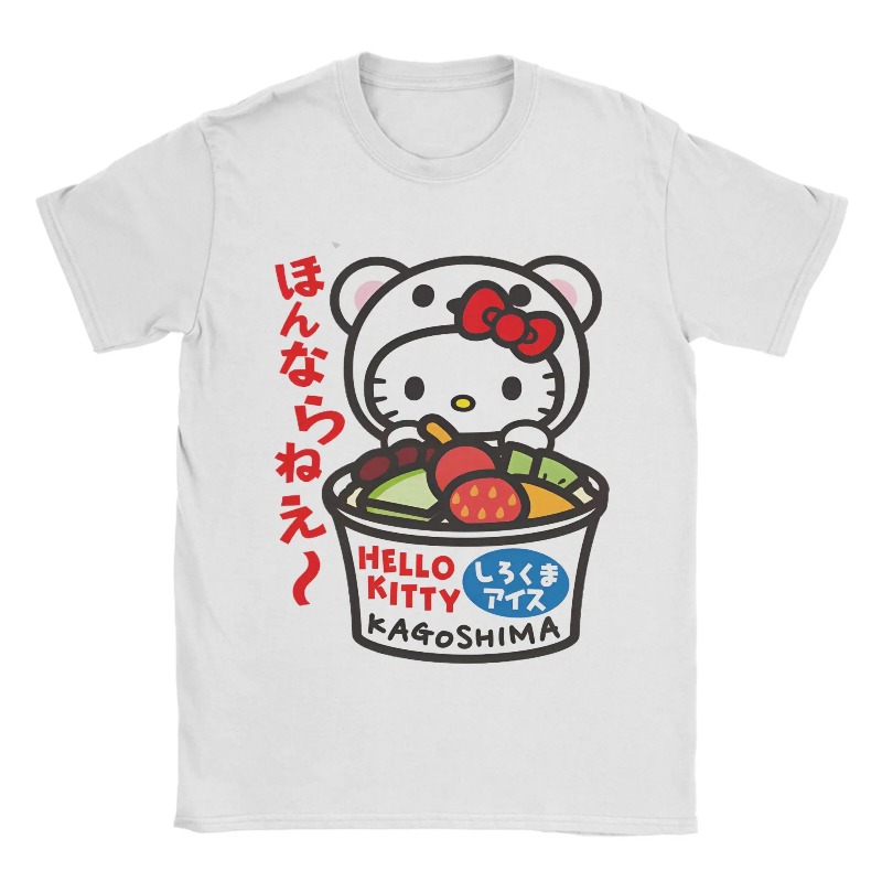 Новая женская футболка 2026 года с принтом Hello Kitty и белым медведем, из чистого хлопка, повседневная и модная, с круглым вырезом