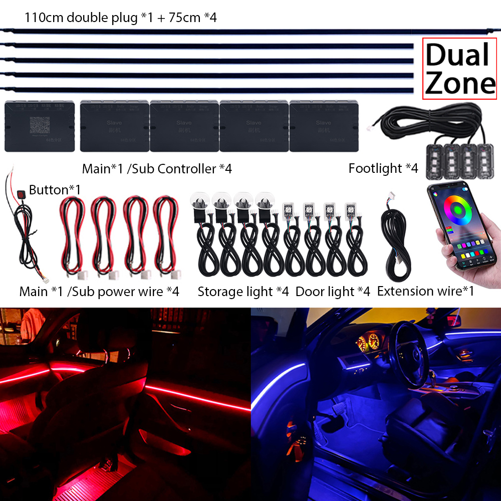 โคมไฟอะคริลิคสร้างบรรยากาศในรถยนต์64สีชุดไฟถ่ายภาพล้อมรอบด้วยแถบไฟ LED ไฟภายในแบบสองโซน64สีอเนกประสงค์