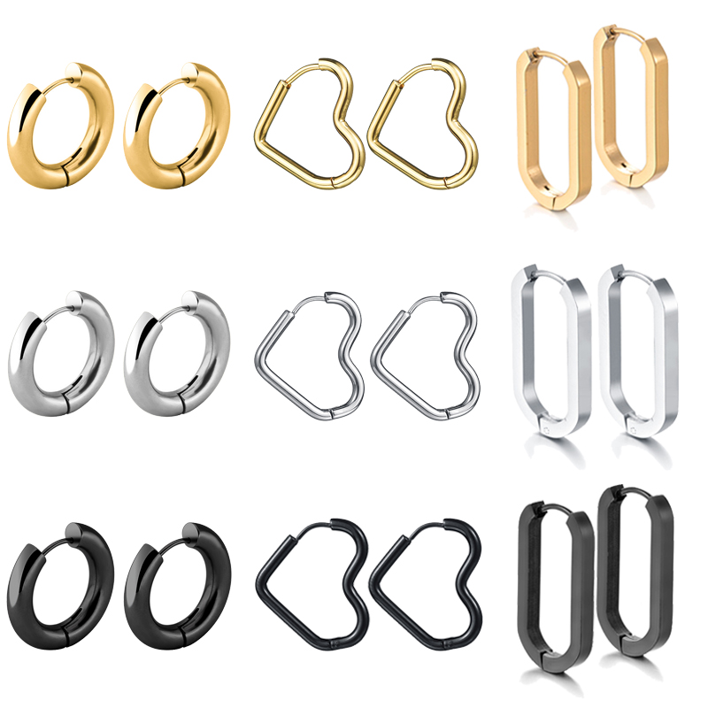 Glänzende Edelstahl-Creolen für Damen und Herren, Hip Hop, Steampunk, rund, oval, Herz, Schwarz, Gold, Silber, Farbe, Huggie-Schmuck, Geschenk