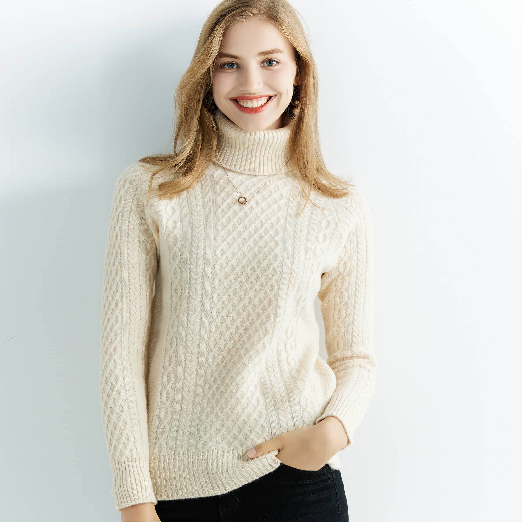 Sweater Kasmir Wanita Sweter Rajutan 100% Merino Wol Turtleneck Pullover Lengan Panjang Musim Dingin Musim Gugur Pakaian Jumper Atasan Perempuan