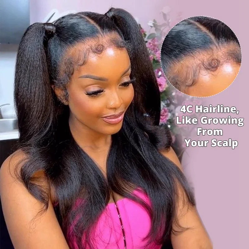 วิกผมแท้แบบตรงธรรมชาติ 4C Edges Kinky Straight พร้อมเชือกผูก HD Lace Front ขนาด 13x5 สำหรับใช้ในชีวิตประจำวันและงานพิเศษ