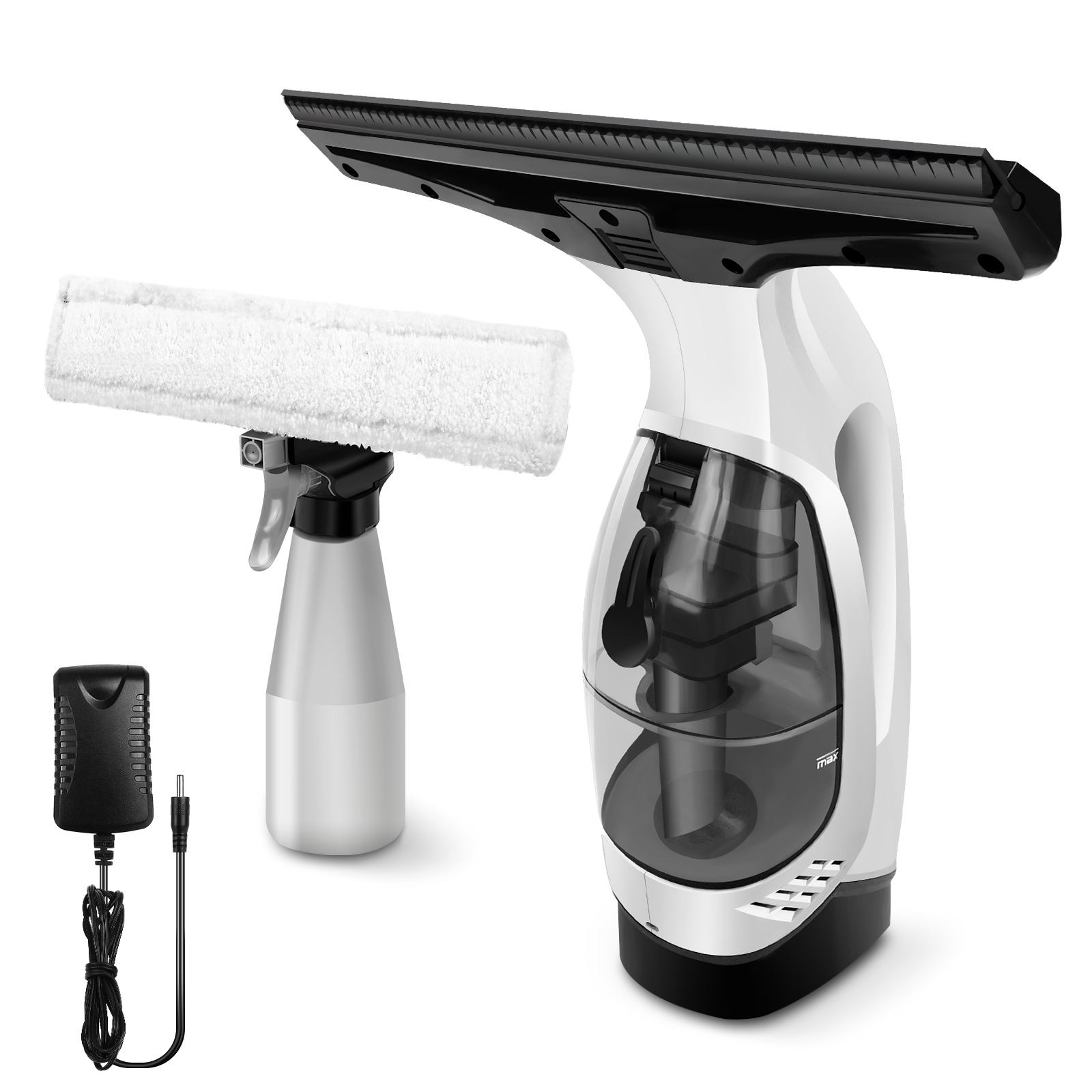 Kabelloser Fensterstaubsauger, wiederaufladbar – 28 cm Rakelelement und 150 ml Wassertank, Fensterwascher mit 200 ml Sprühflasche