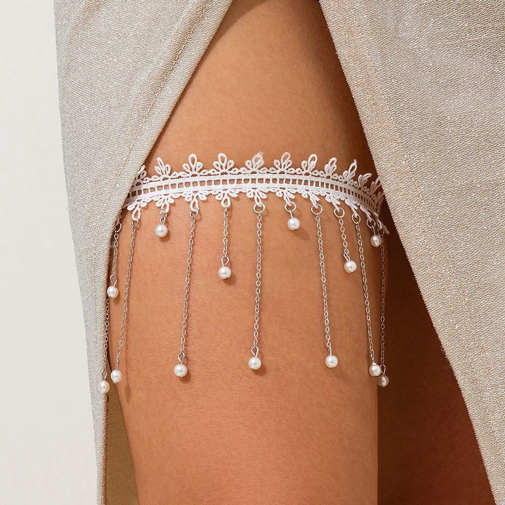 Ingemark-Imitação Pérola Borla Perna Coxa Cadeia para Mulheres, Cinto de Liga Bandagem Elástica, Jóias Corpo Elegante, Qua Acessórios Presente