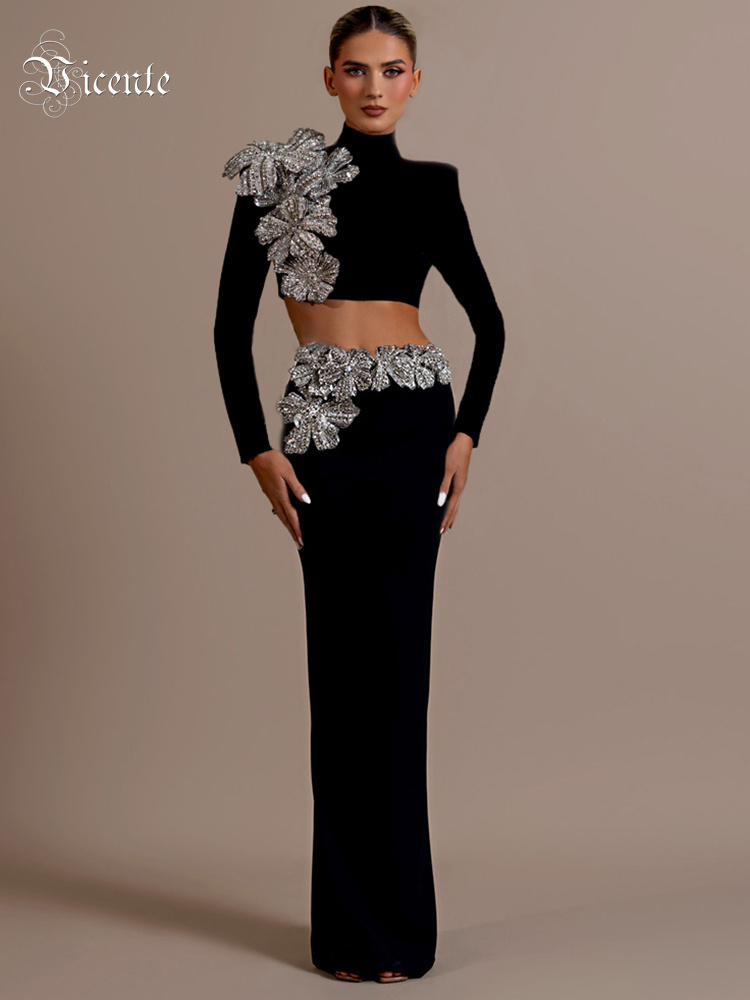 Conjunto de vendaje de dos piezas de manga larga, Top de flores de diamantes de cuello alto, traje de falda Maxi Bodycon, traje de fiesta de noche, negro VC