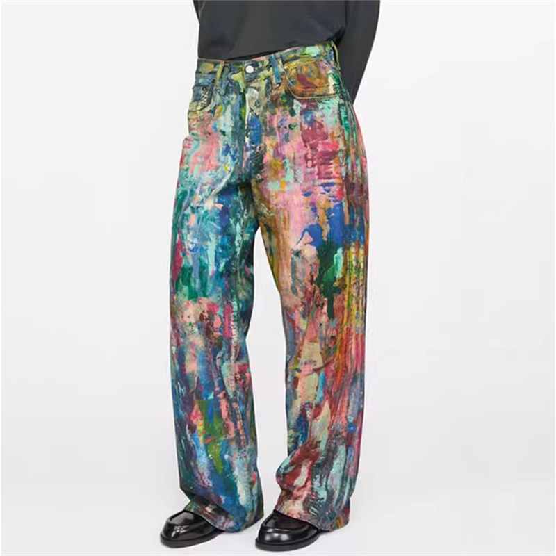 Damenjeans 2025, Frühjahr, neue bemalte Graffiti-Damenhose, Paar-Stil, lockere Hose mit geradem Bein, Hose aus reiner Baumwolle mit weitem Bein