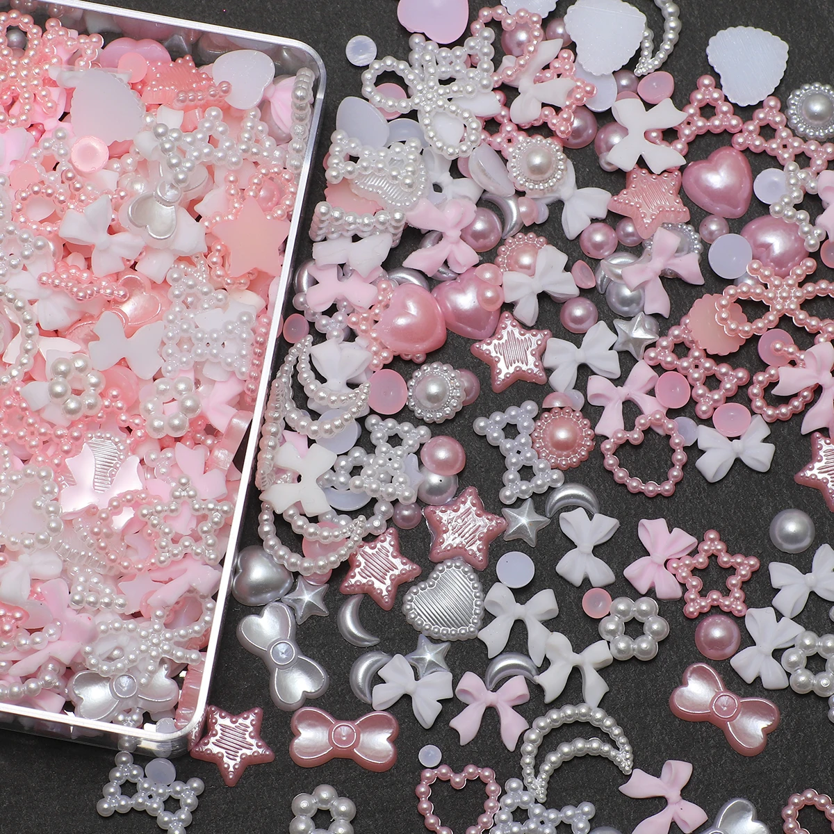 1 doos nagelaccessoires 3D nagelbedel hars liefde boog pentagram nagelaccessoires gemengd roze witte hars holle parel voor manicure