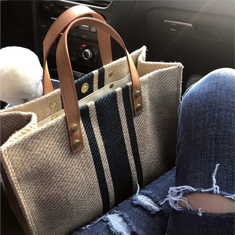 Simple Toile Stripe Décor Seau Sacs À Main Femmes Haut Poignée Fourre-Tout Sac Grande Capacité Casual Épaule Bandoulière Sacs