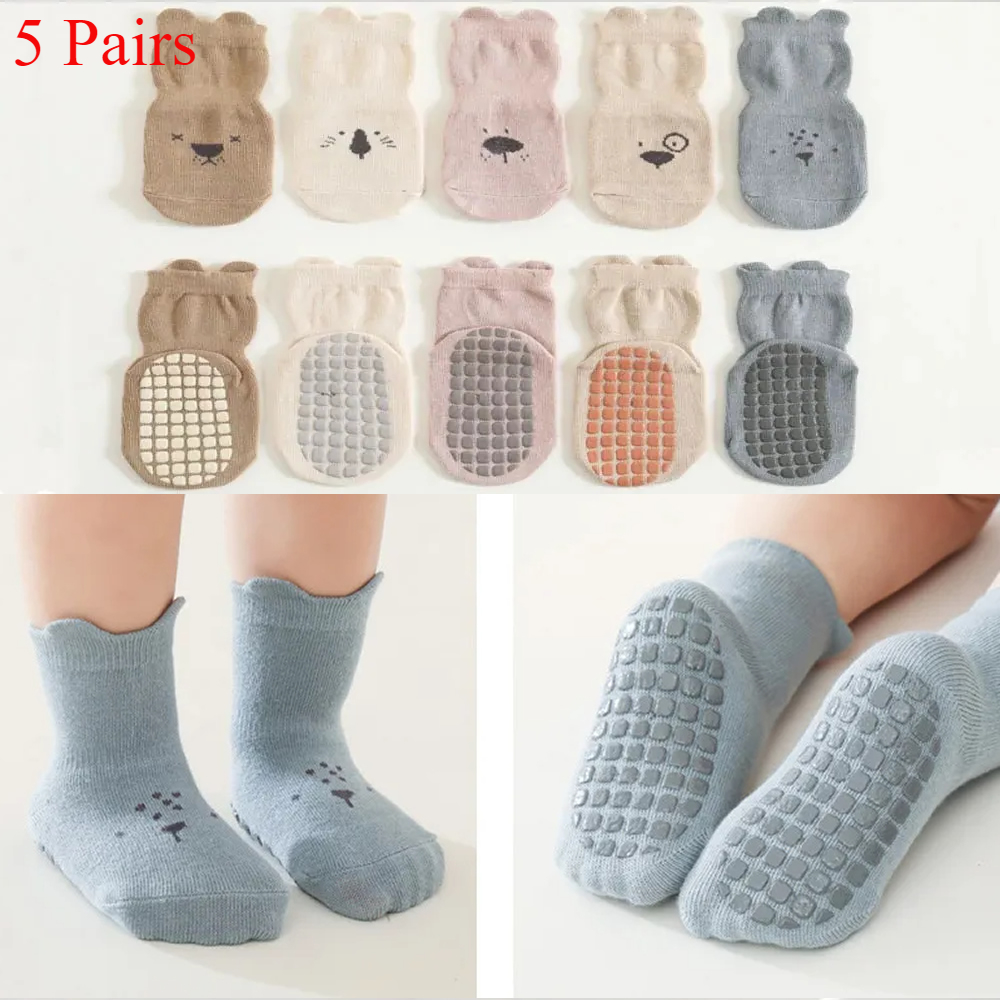 3/5 pares de calcetines antideslizantes con diseño de animales adorables para bebés, calcetines casuales transpirables para niños y niñas, actividades en interiores