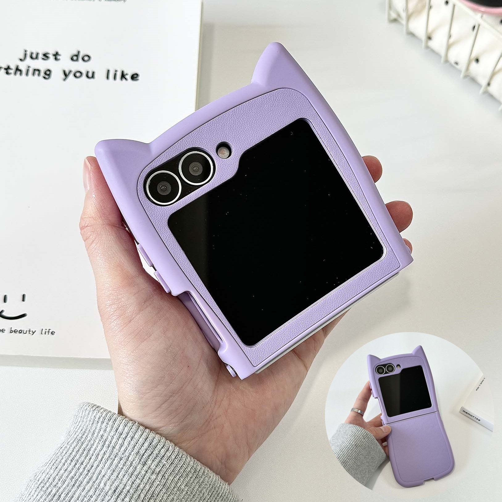 Schattige kattenoren hoesje voor Samsung Galaxy Z Flip 6 Luxe lederen hoes bumper voor Samsung Z Flip 5 Flip 7 Schattige effenkleurige hoesjes