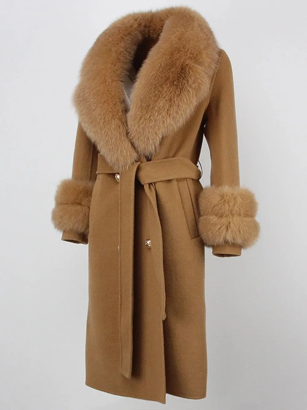 Casaco de pele real longo 2024 jaqueta de inverno feminino mistura de lã natural cashmere duplo breasted cinto quente streetwear nova moda