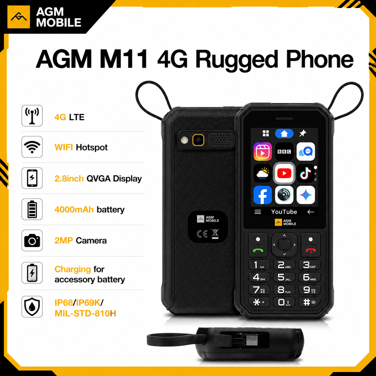 Прочный телефон AGM M11 4G, IP68, водонепроницаемый, 4000 мАч, съемная батарея, точка доступа Wi-Fi, обратная зарядка, FM-радио для улицы