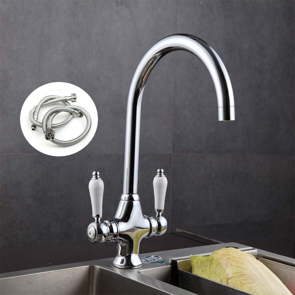 DayPlus Traditionele Kranen Aanrecht Mengkraan Elegant Wit Keramiek Dubbele hendelgreep Monobloc Draaibare uitloop Verchroomd
