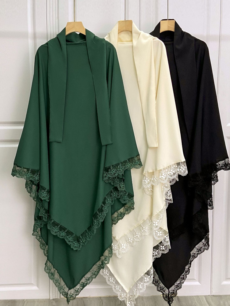 Ramadan renda longo khimar hijab eid muçulmano headcarf feminino jilbab uma peça khimars jubha islâmico hijabs musulman vestuário de oração