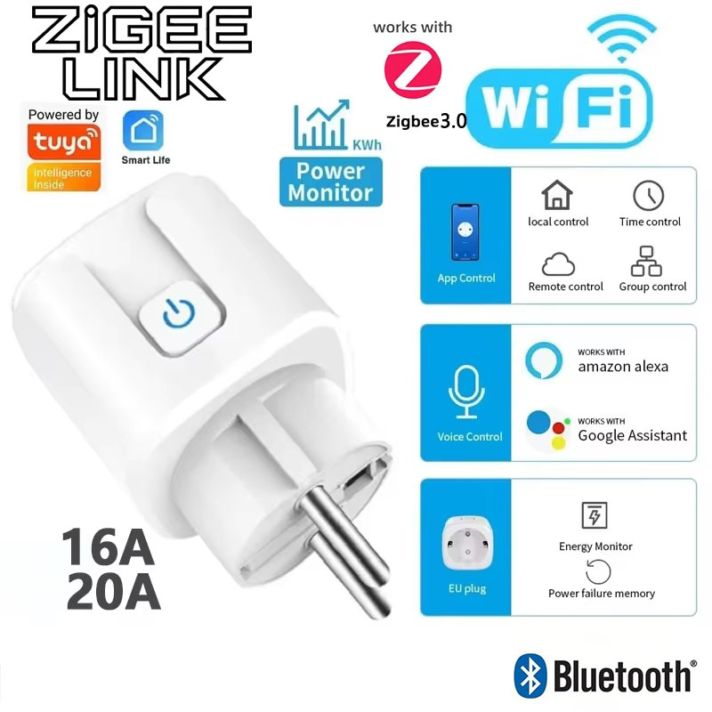 Enchufe Inteligente Tuya 16A/20A con WiFi y ZigBee 3.0, Enchufe Europeo, Monitor de Energía, Función de Temporizador, Control por Voz con Alexa, Google Home, Yandex Alice