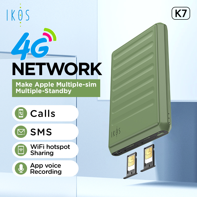 IKOS-adaptador Dual SIM K7 para iPhone/iPad, Tarjeta SIM Dual, 2 o 4, SMS, llamada activa simultáneamente, WiFi Hotspod Data, 4G
