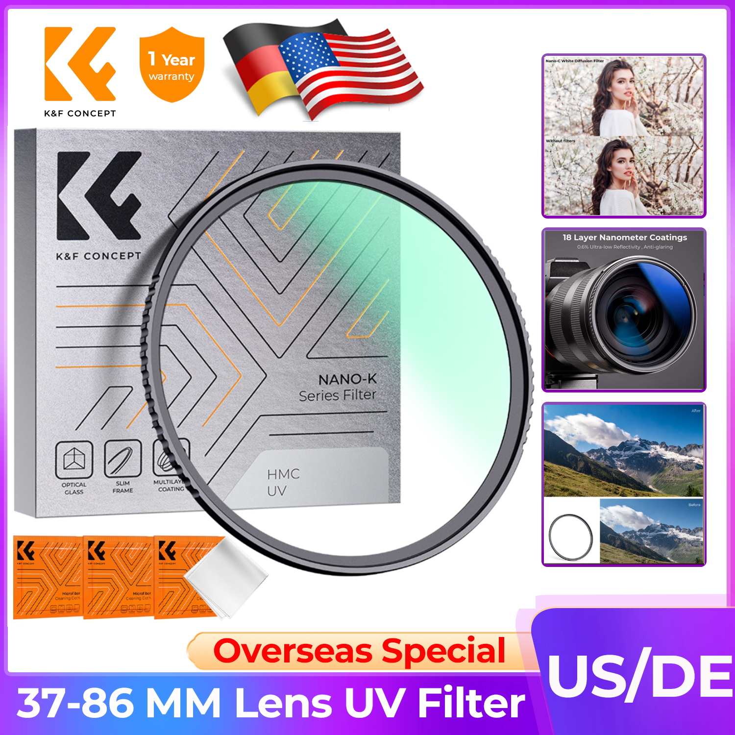 K&F CONCEPT UV Filter Lenses MC Ultra Slim Optics z wielowarstwową powłoką ochronną 49mm 52mm 58mm 62mm 67mm 77mm 82mm Filtr aparatu