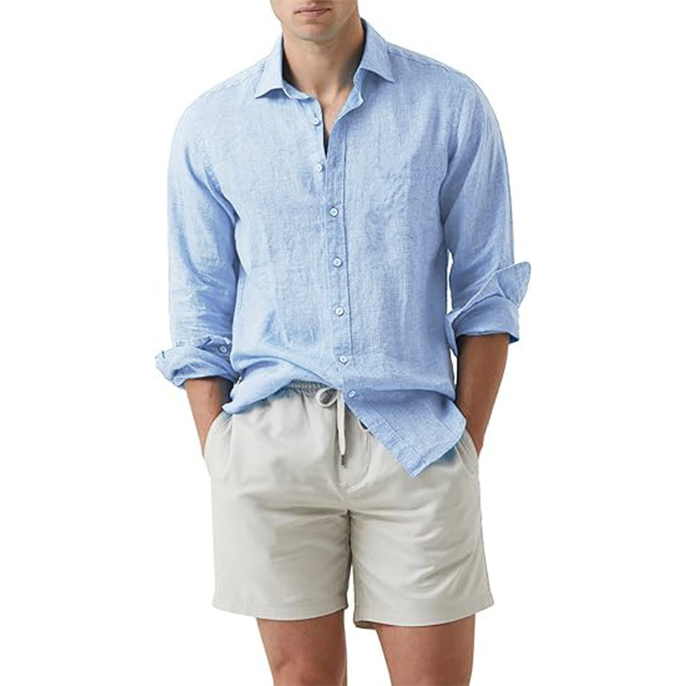 Camisa de verão praia algodão linho camisas masculinas cardigan topos manga comprida gola virada para baixo ajuste fino tamanho grande