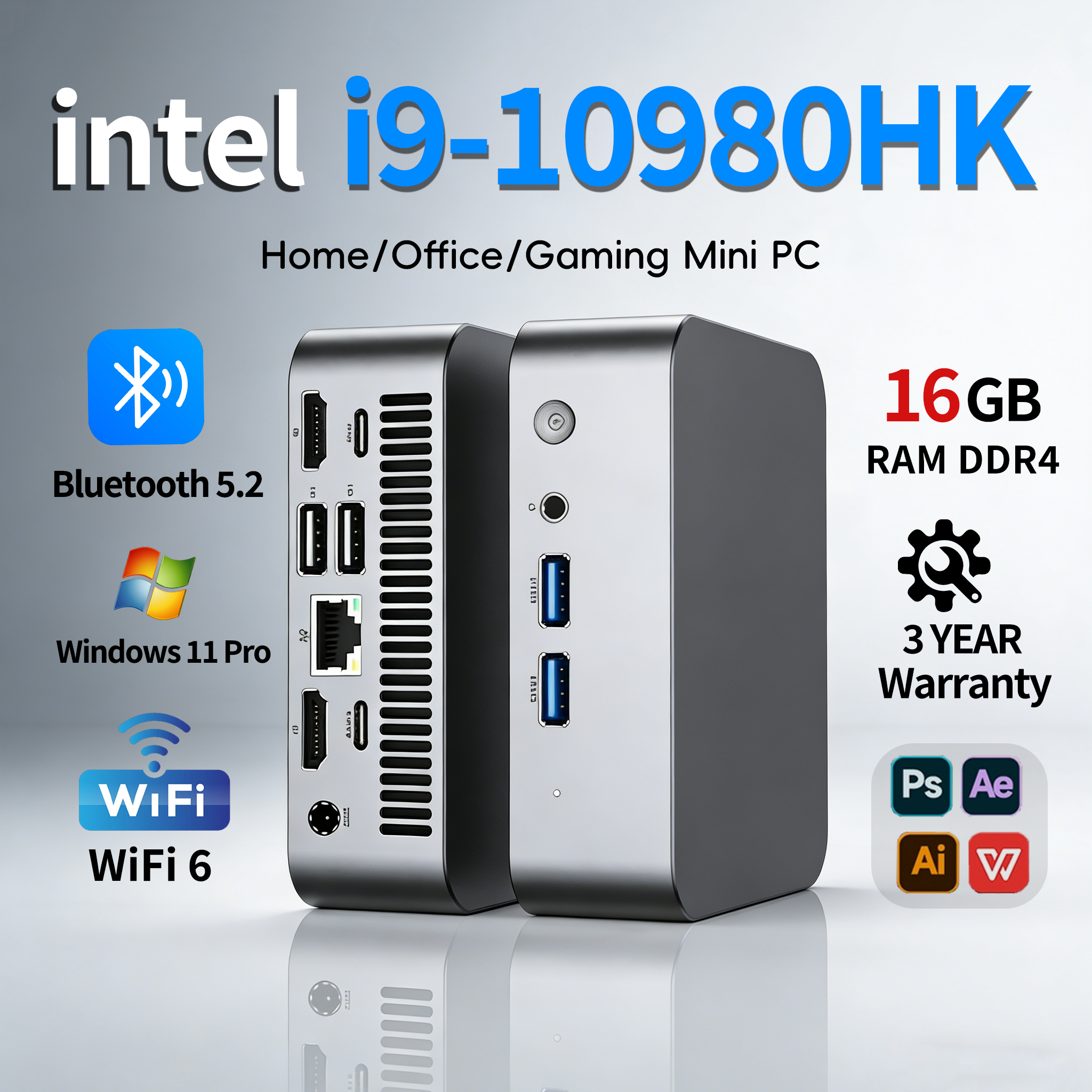 Mini PC para juegos i9 MINI con Intel Core i9 10980HK/Core i3 6100U, 16GB DDR4, SSD de 2048GB, WIFI 6, BT5.2.