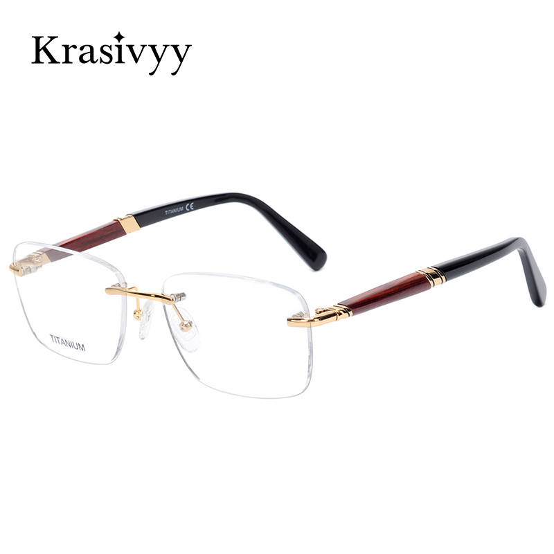 Krasivyy Rimless ไม้กรอบแว่นตาผู้ชายน้ําหนักเบากรอบแว่นสายตาสั้นแว่นตาไทเทเนียม