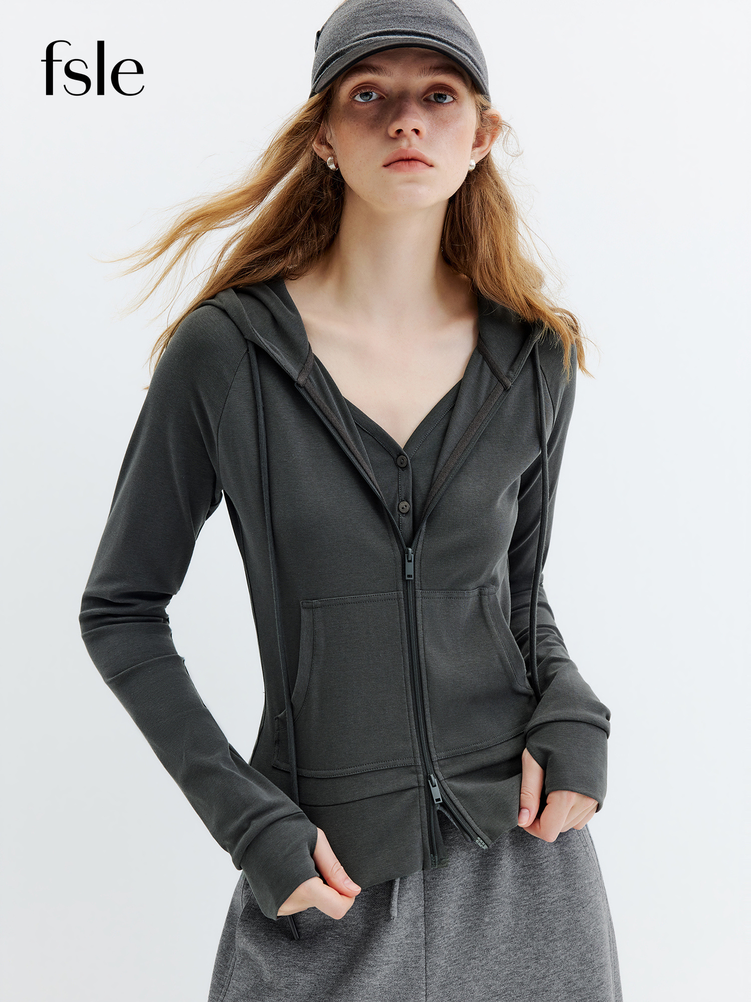 FSLE Damen Baumwoll-Sweatjacke im Faux-Two-Piece-Look mit Kapuze, Frühherbst 2026 Neuer Stil, Bequeme Slim-Fit-Passform