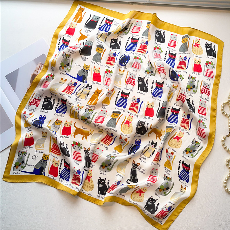 2023 xale de seda impressão lenço de cabelo gato envoltório lenço feminino cetim lenço quadrado para mulheres bandana foulard hijab