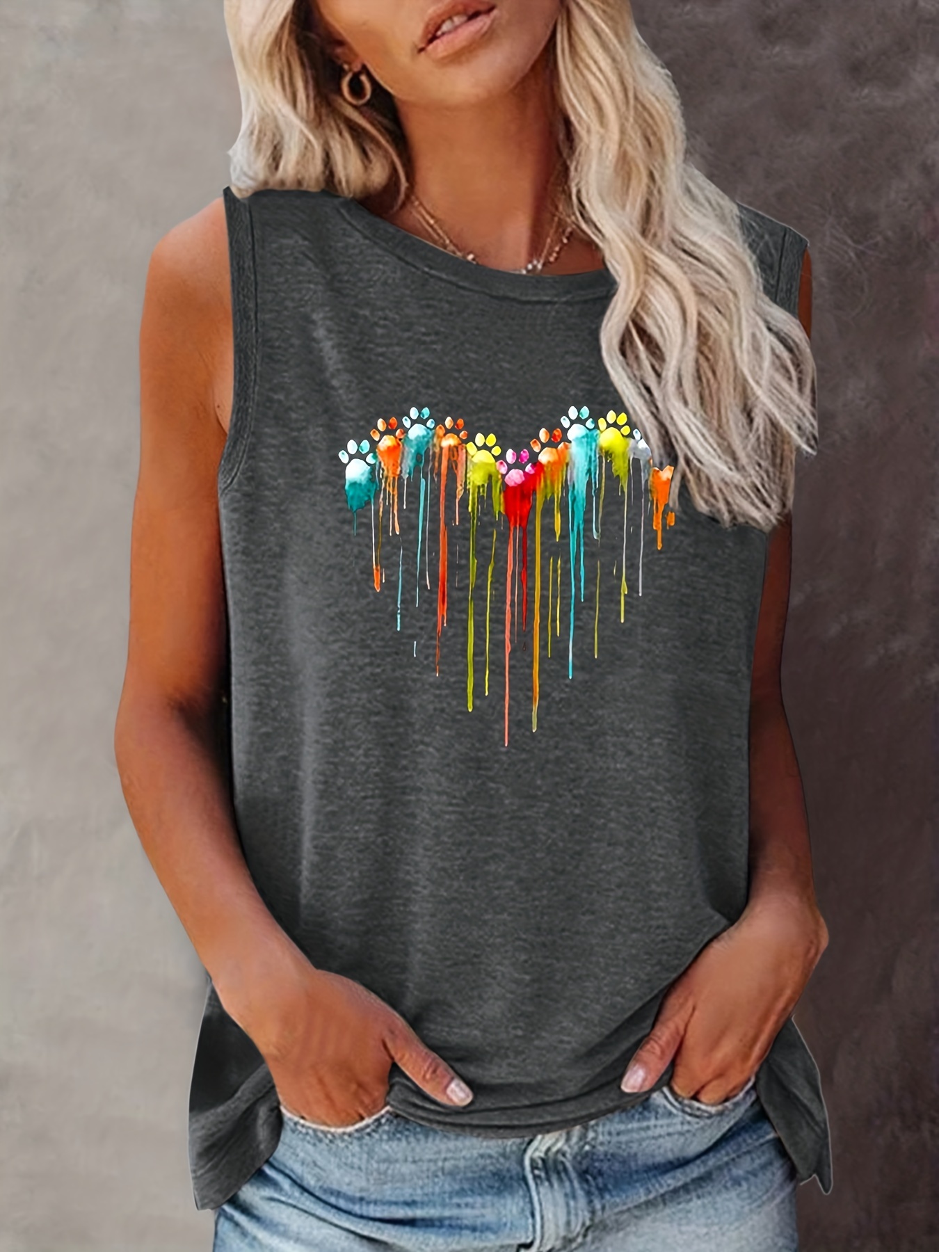 Verão feminino colorido pata impressão tamanho solto respirável e confortável sem mangas regata camiseta verão casual solto