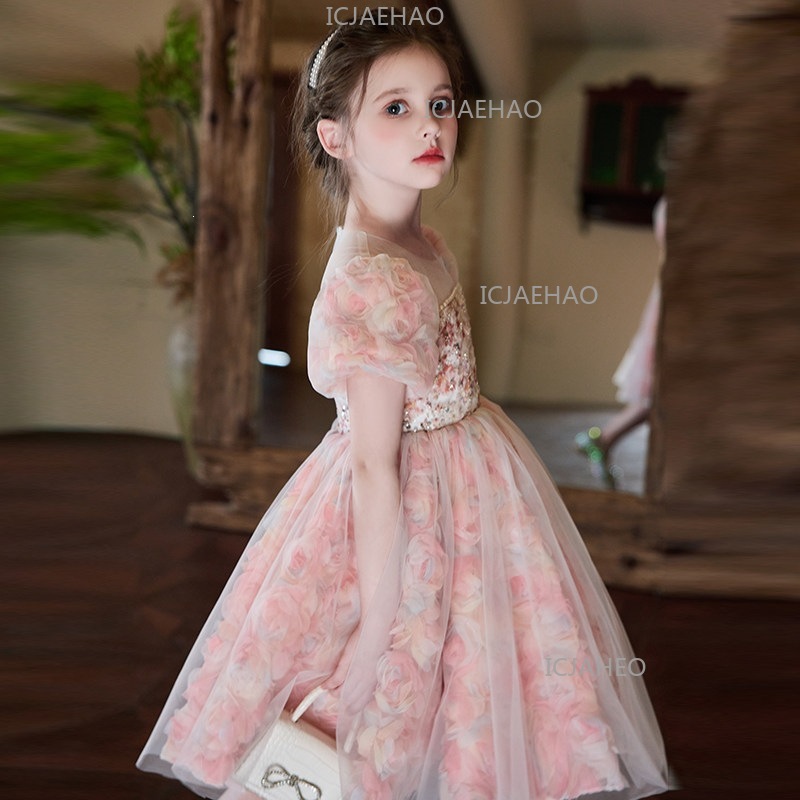 Vestido de Niña Estilo Bosque, Vestido Formal para Niñas Pequeñas, Nuevo Modelo Verano 2026, Disfraz Rosa Floral, Vestido de Princesa para Cumpleaños, Elegante
