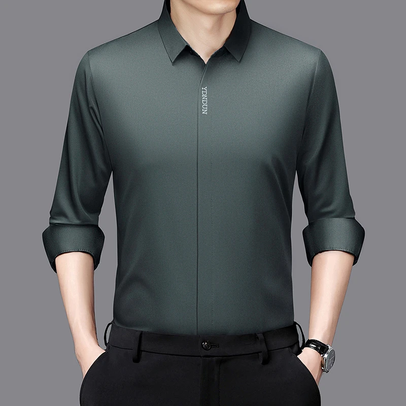 เสื้อแขนยาวลำลองแนวธุรกิจของผู้ชายใหม่เสื้อสีพื้นกันรอยยับป้องกันรอยยับสบายใส่ได้ทุกฤดู