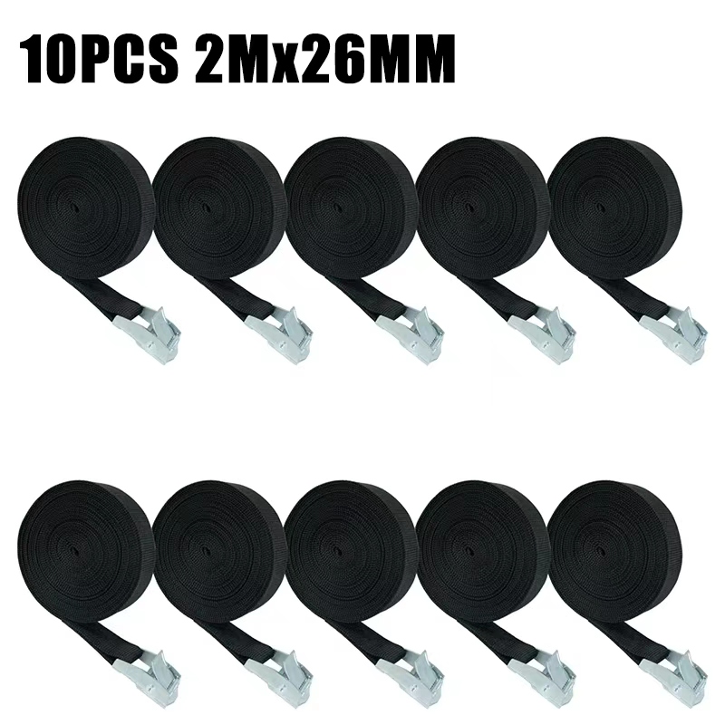 10pcs Black 2m*26mmTie Down Strap Strong Ratchet Belt Luggage Bag Cargo Lashing With Metal Buckle Heavy Duty Belt Zinc Alloy Buc