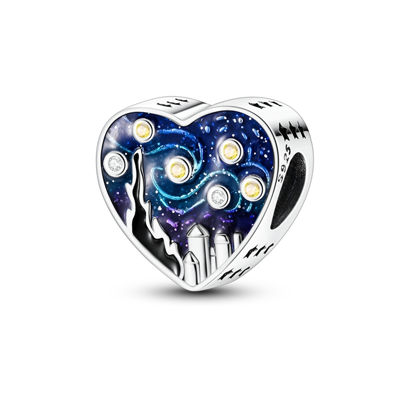 Abalorios de plata de ley 925 con forma de corazón y cielo estrellado de Van Gogh, cuentas compatibles con Pulsera Original, regalo de joyería DIY para mujer