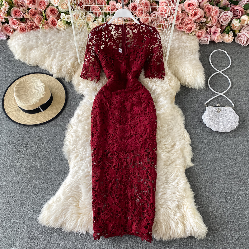 2022 sommer Quadrat Kragen Puff Sleeve Schlank Bodycon Kleider Frauen Aushöhlen Spitze Kleid Damen Hohe Taille Midi-Lange party Kleid