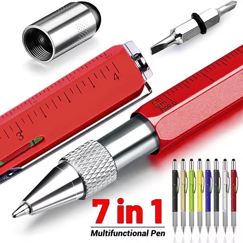 Stylet capacitif multifonctionnel 7 en 1 pour écran tactile, avec tournevis, règle, jauge de niveau, stylo à bille rechargeable, outil