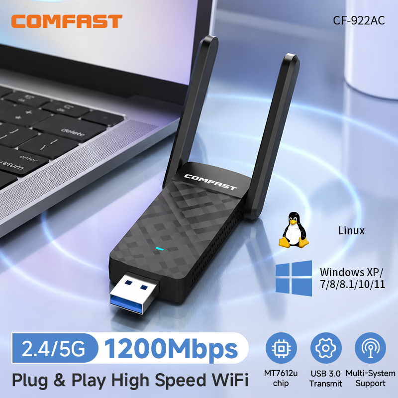 COMFAST USB WiFi Adapter MT7612U 1200Mbps Dual Band 5Ghz 2.4Ghz Wireless Dongle เสาอากาศ Adaptador สําหรับ PC Win10 11 Linux