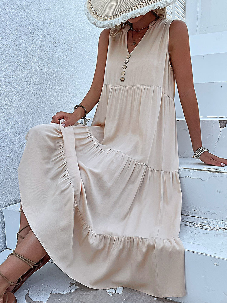W stylu Casual, letnia sukienka Midi kobiety bez rękawów bez rękawów z guzikami pod szyją marszczone luźne sukienki plażowe Sundress Fashion