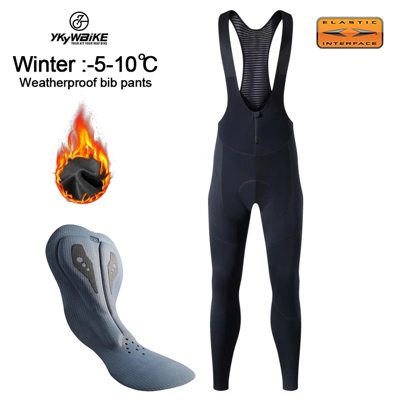 YKYWBIKE Men's Winter Thermal Fleece Cycling Bib Pants Mountain Bike Zipper Cycling Pants Gel Padded MTB Long Tights Suspenders