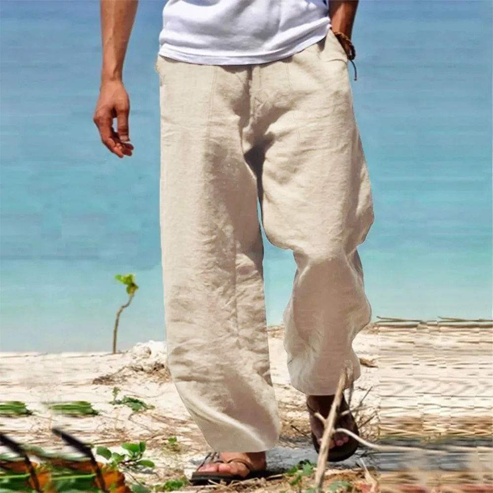Pantalones de algodón de lino para hombre, pierna recta, transpirables, ligeros, estilo playero, pantalones acogedores, pantalones casuales de primavera y verano