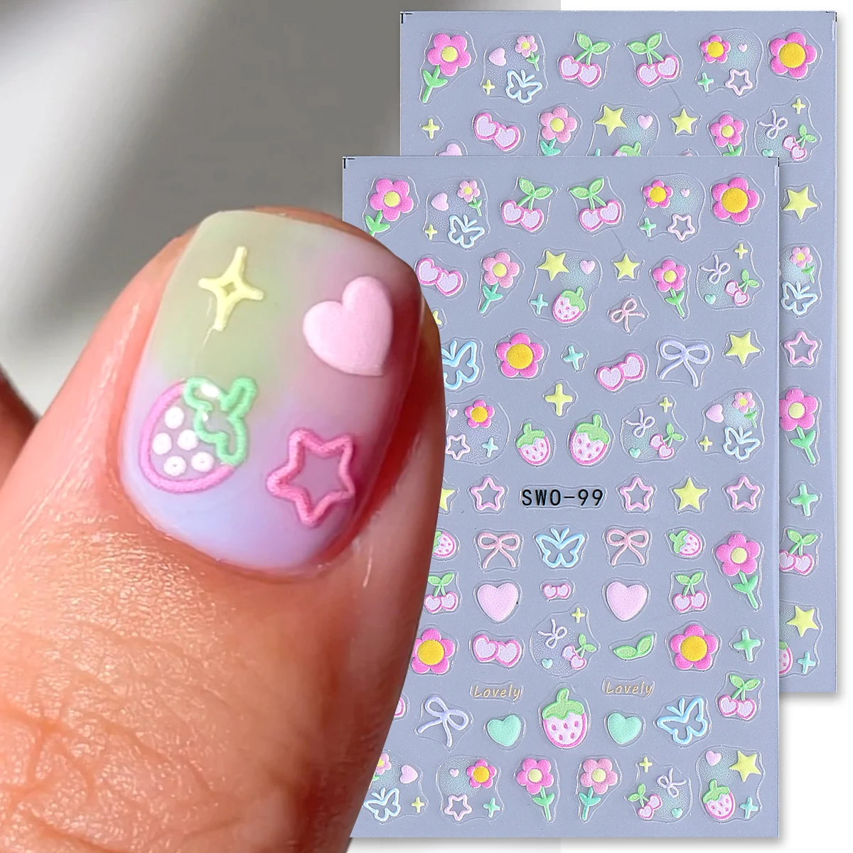 2 pezzi di adesivi per nail art con elemento dolce, semplice fiore, cuore, ciliegia, fragola, decalcomanie Kawaii, fiocco colorato, farfalla, cursori per manicure