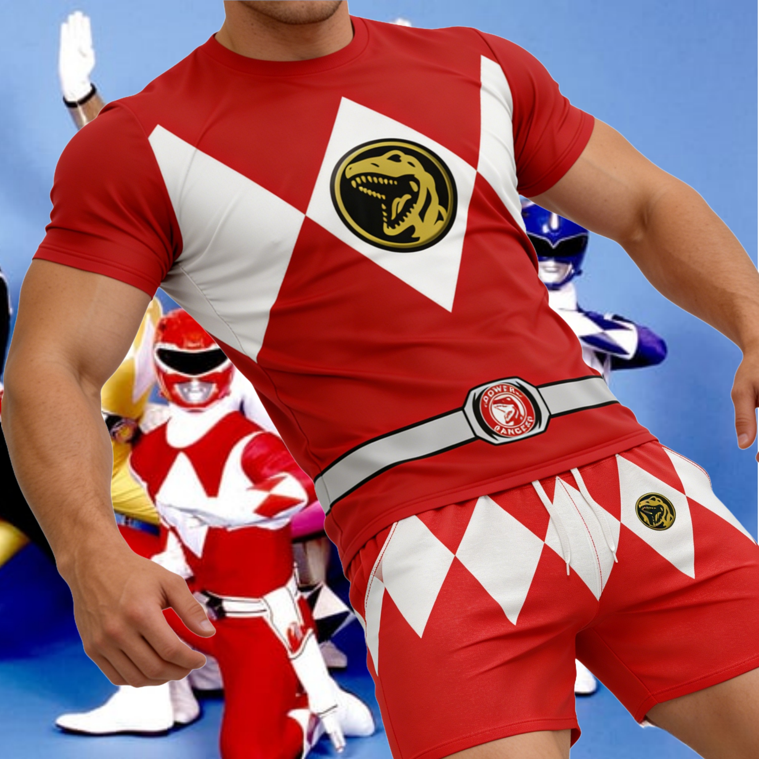 Conjunto Esportivo de Verão 2026 Novo Dinossauro Esquadrão Transformável Manga Curta e Shorts Respirável Solto Tamanho Grande para Crianças/Adultos