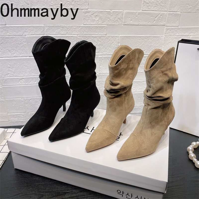 Vintage puntige neus dames enkellaarsjes herfst dames beknopte hoge hak slip op korte Botas Zapatos De Mujer