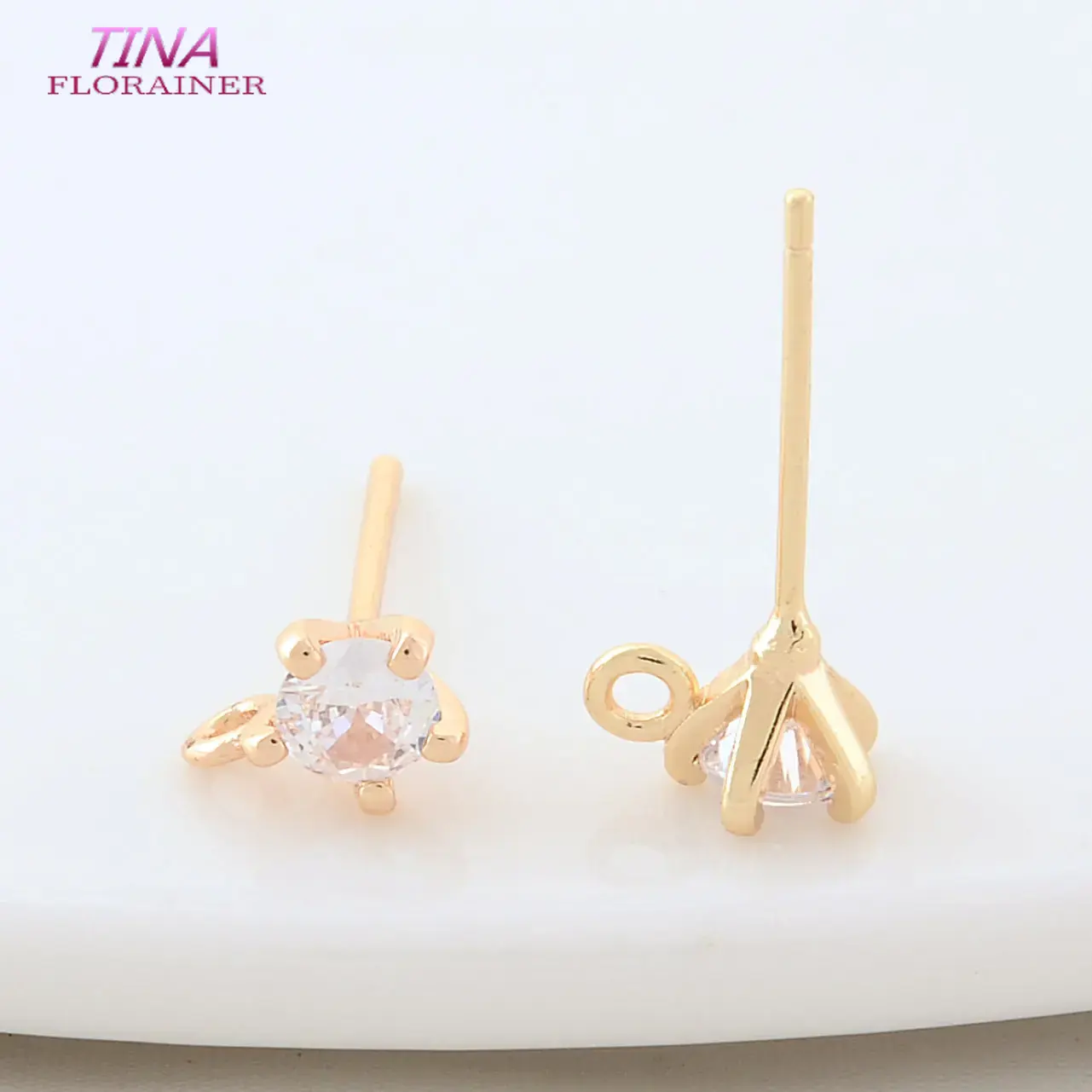 Pendientes redondos de latón chapado en oro de 5,5 MM y 14K con circonita, alfileres, accesorios de joyería Diy de alta calidad